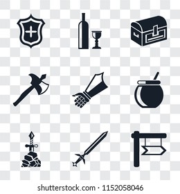 Set Of 9 simple transparency icons such as Sword, Excalibur, Cauldron, Gauntlet, Axe, Chest, Wine, Shield, can be used for mobile, pixel perfect vector icon pack on transparent background