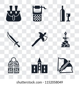 Set Of 9 simple transparency icons such as Crossbow, Castle, Stained glass, Excalibur, Axe, Sword, Wine, Water well, Belt pouch, can be used for mobile, pixel perfect vector icon pack on transparent