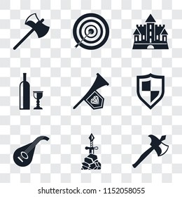 Set Of 9 simple transparency icons such as Axe, Excalibur, Lute, Shield, Fanfare, Wine, Castle, Archery, can be used for mobile, pixel perfect vector icon pack on transparent background