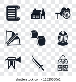 Set Of 9 simple transparency icons such as Stained glass, Sword, Fanfare, Helmet, Beer, Crossbow, Wheelbarrow, House, Scroll, can be used for mobile, pixel perfect vector icon pack on transparent