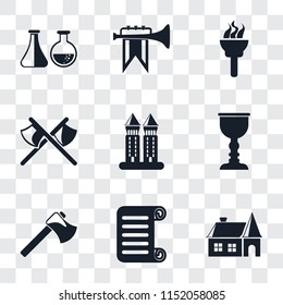 Set Of 9 simple transparency icons such as House, Scroll, Axe, Goblet, Tower, Axes, Torch, Fanfare, Alchemy, can be used for mobile, pixel perfect vector icon pack on transparent background