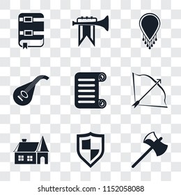 Set Of 9 simple transparency icons such as Axe, Shield, House, Bow and arrow, Scroll, Lute, Necklace, Fanfare, Book, can be used for mobile, pixel perfect vector icon pack on transparent background