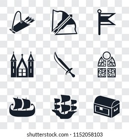 Set Of 9 simple transparency icons such as Chest, Caravel, Ship, Stained glass, Sword, Church, Flag, Crossbow, Quiver, can be used for mobile, pixel perfect vector icon pack on transparent background