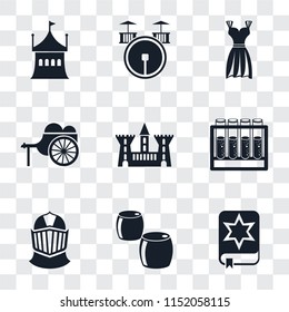Set Of 9 simple transparency icons such as Spellbook, Beer, Helmet, Alchemy, Castle, Wheelbarrow, Gown, Drum, Tent, can be used for mobile, pixel perfect vector icon pack on transparent background
