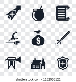 Set Of 9 simple transparency icons such as Shield, House, Fanfare, Sword, Money bag, Witch, Scroll, Cauldron, Lance, can be used for mobile, pixel perfect vector icon pack on transparent background