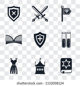 Set Of 9 simple transparency icons such as Spellbook, Tent, Gown, Alchemy, Shield, Bridge, Standard, Swords, can be used for mobile, pixel perfect vector icon pack on transparent background