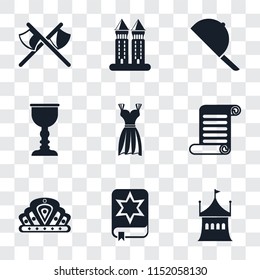 Set Of 9 simple transparency icons such as Tent, Spellbook, Crown, Scroll, Gown, Goblet, Hat, Tower, Axes, can be used for mobile, pixel perfect vector icon pack on transparent background