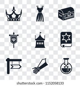 Set Of 9 simple transparency icons such as Poison, Gauntlet, Spellbook, Tent, Banner, Chest, Gown, Crown, can be used for mobile, pixel perfect vector icon pack on transparent background