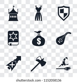 Set Of 9 simple transparency icons such as Witch, Axe, Lance, Lute, Money bag, Spellbook, Shield, Gown, Tent, can be used for mobile, pixel perfect vector icon pack on transparent background
