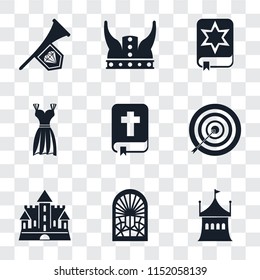 Set Of 9 simple transparency icons such as Tent, Stained glass window, Castle, Archery, Bible, Gown, Spellbook, Viking, Fanfare, can be used for mobile, pixel perfect vector icon pack on transparent