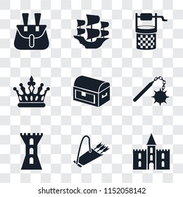 Set Of 9 simple transparency icons such as Castle, Quiver, Tower, Morning star, Chest, Crown, Water well, Caravel, Belt pouch, can be used for mobile, pixel perfect vector icon pack on transparent