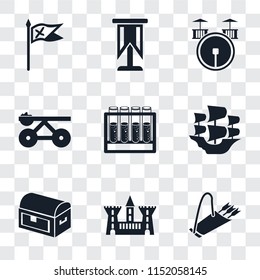 Set Of 9 simple transparency icons such as Quiver, Castle, Chest, Caravel, Alchemy, Trebuchet, Drum, Standard, Flag, can be used for mobile, pixel perfect vector icon pack on transparent background