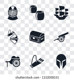 Set Of 9 simple transparency icons such as Helmet, Quiver, Wheelbarrow, Cannon, Chest, Crossbow, Caravel, Beer, can be used for mobile, pixel perfect vector icon pack on transparent