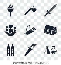 Set Of 9 simple transparency icons such as Alchemy, Torch, Tower, Chest, Quiver, Caravel, Sword, Axe, can be used for mobile, pixel perfect vector icon pack on transparent background