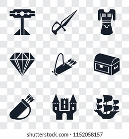 Set Of 9 simple transparency icons such as Caravel, Castle, Quiver, Chest, Jewelry, Tunic, Dagger, Pillory, can be used for mobile, pixel perfect vector icon pack on transparent background