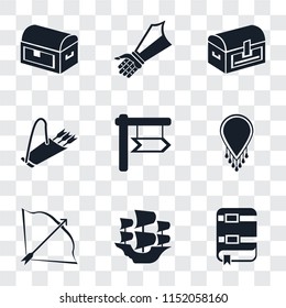 Set Of 9 simple transparency icons such as Book, Caravel, Bow and arrow, Necklace, Quiver, Chest, Gauntlet, can be used for mobile, pixel perfect vector icon pack on transparent background