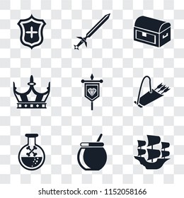 Set Of 9 simple transparency icons such as Caravel, Cauldron, Poison, Quiver, Banner, Crown, Chest, Sword, Shield, can be used for mobile, pixel perfect vector icon pack on transparent background