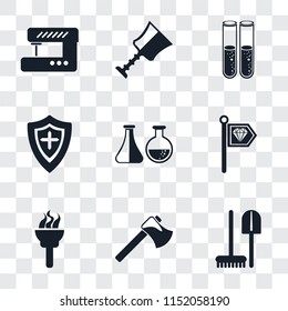 Set Of 9 simple transparency icons such as Tools, Axe, Torch, Standard, Alchemy, Shield, Cup, Sewing machine, can be used for mobile, pixel perfect vector icon pack on transparent background