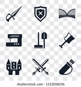 Set Of 9 simple transparency icons such as Quiver, Swords, Castle, Cup, Tools, Sewing machine, Bridge, Shield, Dagger, can be used for mobile, pixel perfect vector icon pack on transparent background