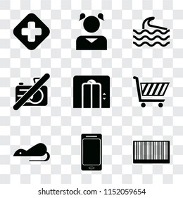 Set Of 9 simple transparency icons such as Barcode, Smartphone, Rats, Shopping cart, Lift, No camera, Wave, Girl, Hospital, can be used for mobile, pixel perfect vector icon pack on transparent