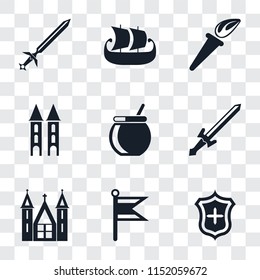 Set Of 9 simple transparency icons such as Shield, Flag, Church, Sword, Cauldron, Tower, Torch, Ship, can be used for mobile, pixel perfect vector icon pack on transparent background