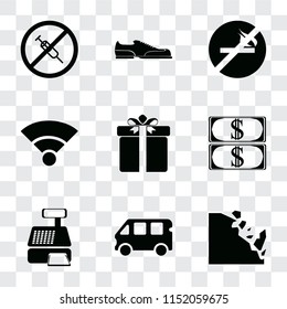 Set Of 9 simple transparency icons such as Falling rocks, Bus, Cashier machine, Money, Gift, Wifi, No smoking, Shoes, drugs, can be used for mobile, pixel perfect vector icon pack on transparent