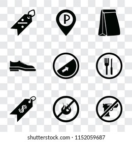 Set Of 9 simple transparency icons such as Gun, No fire, Price, Restaurant, Slope, Shoes, Paper bag, Parking, Discount, can be used for mobile, pixel perfect vector icon pack on transparent