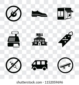Set Of 9 simple transparency icons such as Skateboard, Bus, No drugs, Discount, Mall, Cashier machine, Store, Shoes, fire, can be used for mobile, pixel perfect vector icon pack on transparent