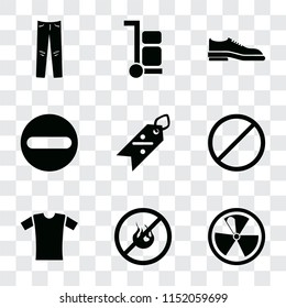 Set Of 9 simple transparency icons such as Radiation, No fire, Shirt, Forbidden, Discount, Shoes, Trolley, Jeans, can be used for mobile, pixel perfect vector icon pack on transparent
