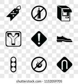 Set Of 9 simple transparency icons such as Turn, No fire, Traffic light, Shoes, Warning, Junction, Atm, alcohol, Discount, can be used for mobile, pixel perfect vector icon pack on transparent