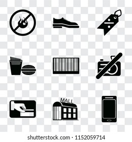 Set Of 9 simple transparency icons such as Smartphone, Mall, Card payment, No camera, Barcode, Fast food, Discount, Shoes, fire, can be used for mobile, pixel perfect vector icon pack on