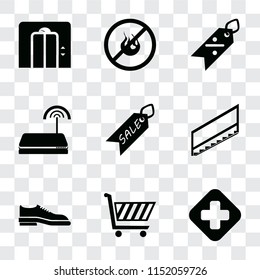 Set Of 9 simple transparency icons such as Hospital, Shopping cart, Shoes, Stairs, Sale, Wifi, Discount, No fire, Lift, can be used for mobile, pixel perfect vector icon pack on transparent