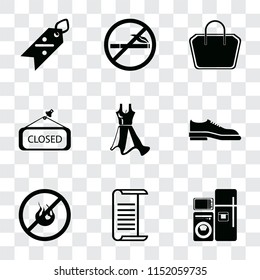 Set Of 9 simple transparency icons such as Electrical appliances, List, No fire, Shoes, Dress, Closed, Tote bag, smoking, Discount, can be used for mobile, pixel perfect vector icon pack on