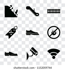 Set Of 9 simple transparency icons such as Wifi, Cctv, Shoes, No fire, Discount, Train, Escalator, Falling rocks, can be used for mobile, pixel perfect vector icon pack on transparent
