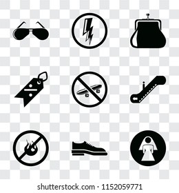 Set Of 9 simple transparency icons such as Restroom, Shoes, No fire, Escalator, Skateboard, Discount, Purse, Electricity, Glasses, can be used for mobile, pixel perfect vector icon pack on