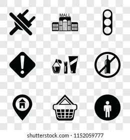 Set Of 9 simple transparency icons such as Restroom, Shopping basket, Location, No alcohol, Cosmetics, Warning, Traffic light, Mall, plug, can be used for mobile, pixel perfect vector icon pack on