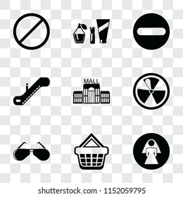 Set Of 9 simple transparency icons such as Restroom, Shopping basket, Glasses, Radiation, Mall, Escalator, Forbidden, Cosmetics, can be used for mobile, pixel perfect vector icon pack on