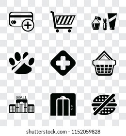 Set Of 9 simple transparency icons such as No fast food, Lift, Mall, Shopping basket, Hospital, pets, Cosmetics, cart, Cit card, can be used for mobile, pixel perfect vector icon pack on