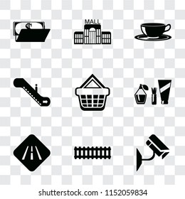 Set Of 9 simple transparency icons such as Cctv, Train, Road, Cosmetics, Shopping basket, Escalator, Coffee cup, Mall, Wallet, can be used for mobile, pixel perfect vector icon pack on transparent