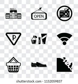 Set Of 9 simple transparency icons such as Falling rocks, Shoes, Shopping basket, Wifi, Cosmetics, Parking, No camera, Open, Mall, can be used for mobile, pixel perfect vector icon pack on
