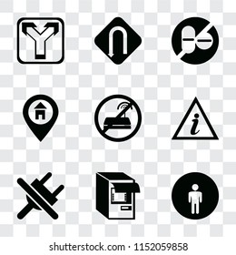 Set Of 9 simple transparency icons such as Restroom, Atm, No plug, Information point, wifi, Location, drugs, Turn, Junction, can be used for mobile, pixel perfect vector icon pack on
