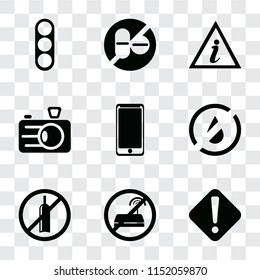 Set Of 9 simple transparency icons such as Warning, No wifi, alcohol, water, Smarthphone, Camera, Information point, drugs, Traffic light, can be used for mobile, pixel perfect vector icon