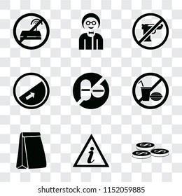 Set Of 9 simple transparency icons such as Coins, Information point, Paper bag, No food, drugs, Slope, Gun, Boy, wifi, can be used for mobile, pixel perfect vector icon pack on transparent