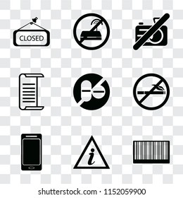 Set Of 9 simple transparency icons such as Barcode, Information point, Smartphone, No smoking, drugs, List, camera, wifi, Closed, can be used for mobile, pixel perfect vector icon pack on