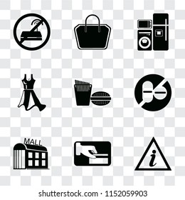 Set Of 9 simple transparency icons such as Information point, Card payment, Mall, No drugs, Fast food, Dress, Electrical appliances, Tote bag, wifi, can be used for mobile, pixel perfect vector