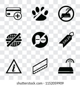 Set Of 9 simple transparency icons such as Wifi, Stairs, Information point, Sale, No drugs, fast food, wifi, pets, Cit card, can be used for mobile, pixel perfect vector icon pack on