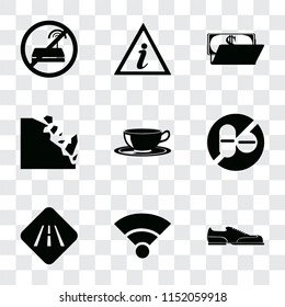 Set Of 9 simple transparency icons such as Shoes, Wifi, Road, No drugs, Coffee cup, Falling rocks, Wallet, Information point, wifi, can be used for mobile, pixel perfect vector icon pack on