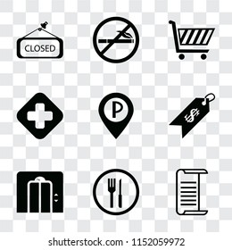 Set Of 9 simple transparency icons such as List, Restaurant, Lift, Price, Parking, Hospital, Shopping cart, No smoking, Closed, can be used for mobile, pixel perfect vector icon pack on transparent