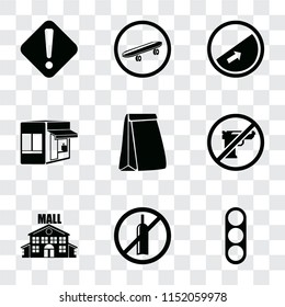 Set Of 9 simple transparency icons such as Traffic light, No alcohol, Mall, Gun, Paper bag, Store, Slope, Skateboard, Warning, can be used for mobile, pixel perfect vector icon pack on transparent