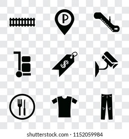 Set Of 9 simple transparency icons such as Jeans, Shirt, Restaurant, Cctv, Price, Trolley, Escalator, Parking, Train, can be used for mobile, pixel perfect vector icon pack on transparent background